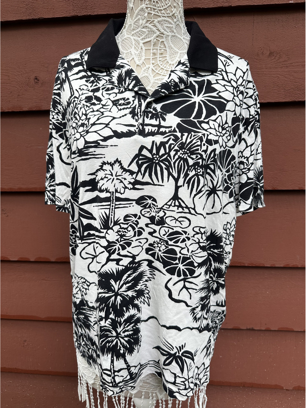 Express Black and White Tropical Print Polo‎ Shirt